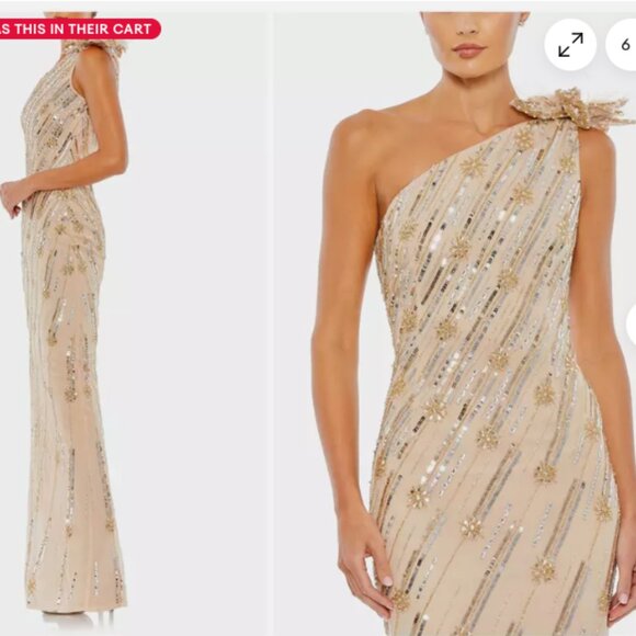 MAC DUGGAL ROSETTE SEQUIN CRYSTAL ONE-SHOULDER NUDE GOLD GOWN sz 0 - Picture 4 of 5
